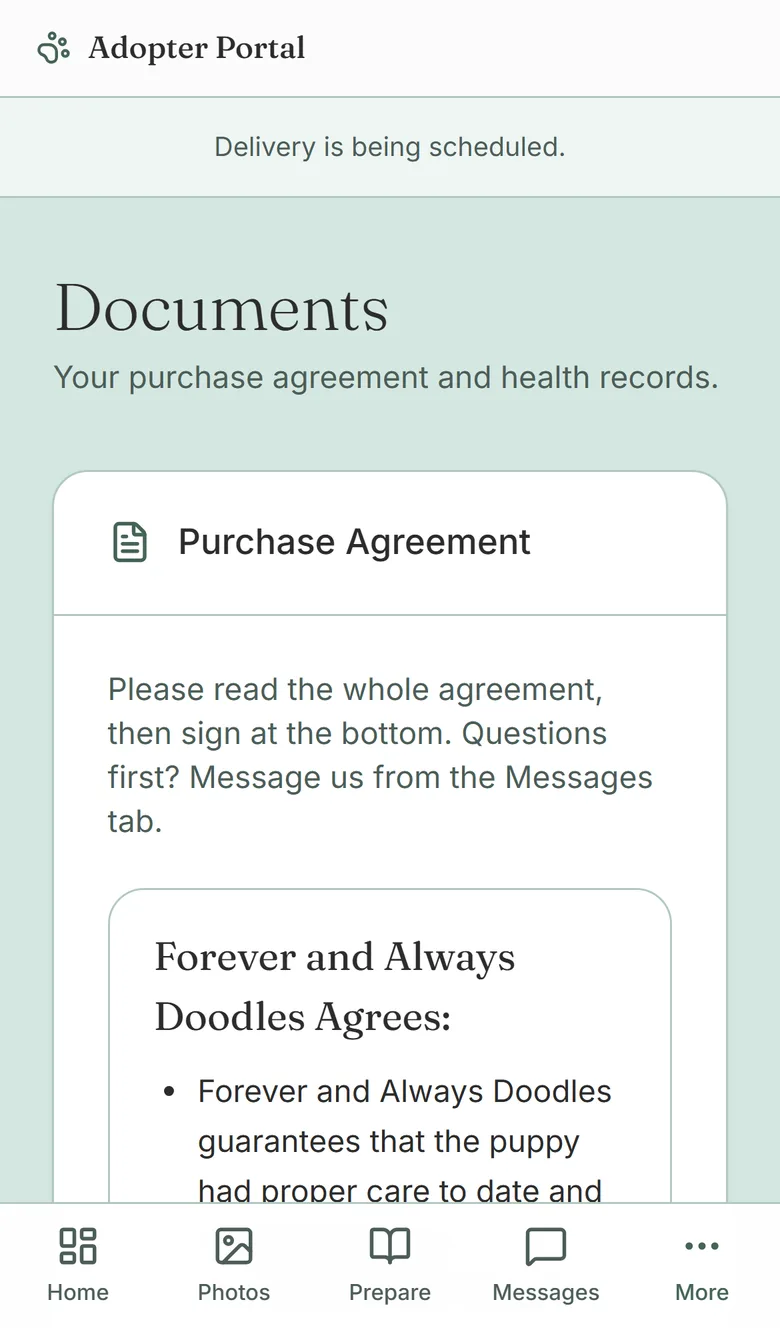 Portal documents screen with the purchase agreement ready to sign