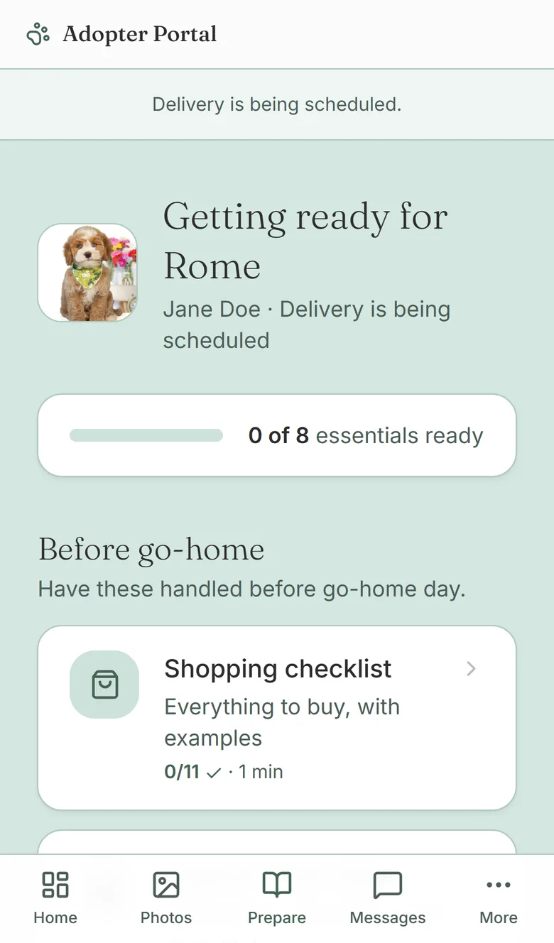 Portal prepare screen with a shopping checklist and go-home guides