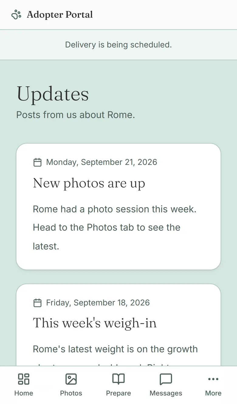 Portal updates feed with posts about the puppy