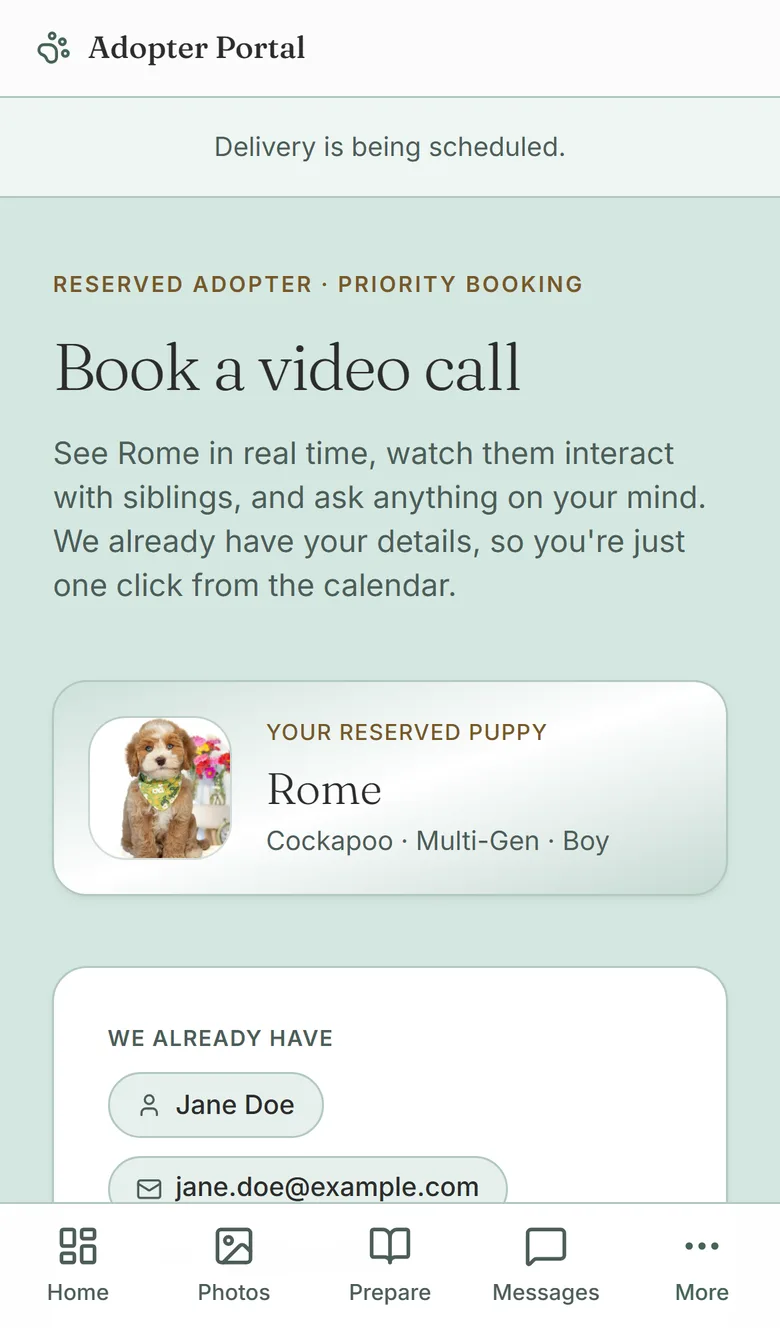 Portal screen for booking a video call with the reserved puppy